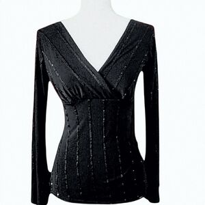 Vintage Y2K Wrapper Plunge V-Neck LS Black Sequin Top